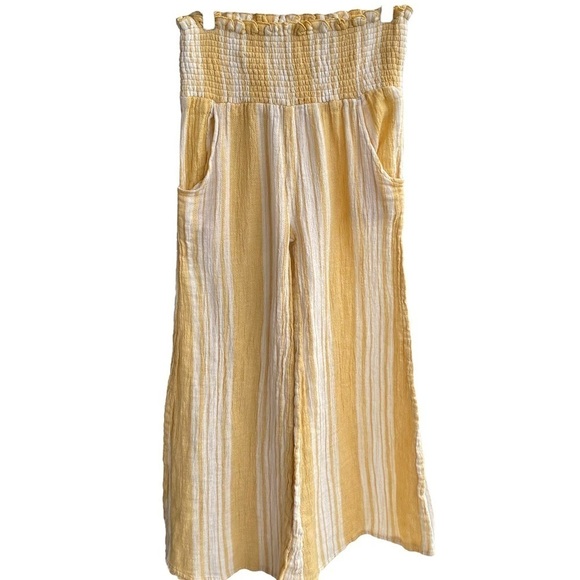 Rip Curl Seaside Stripe Pants Wide Leg High Waist Small Yellow White Pockets - Picture 4 of 11